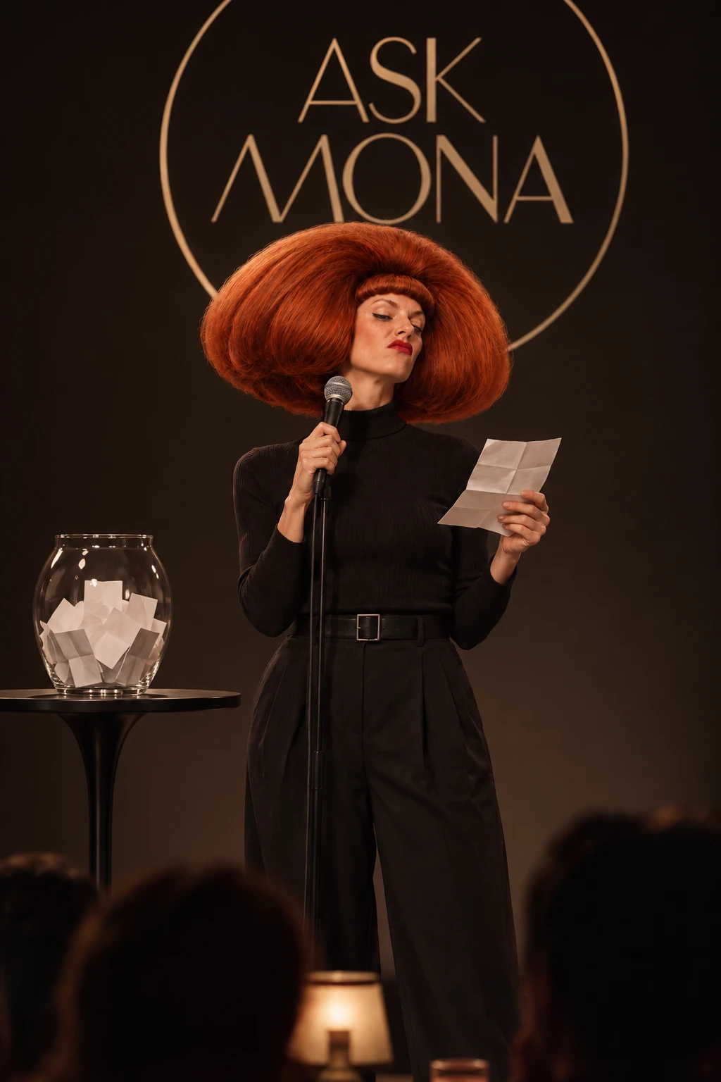 Mona holds a microphone and a question card on the warmly lit Ask Mona stage